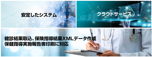 安定したシステム・クラウドサービス・健診結果取込、保健指導結果XMLデータ作成、保健指導実施報告書印刷に対応